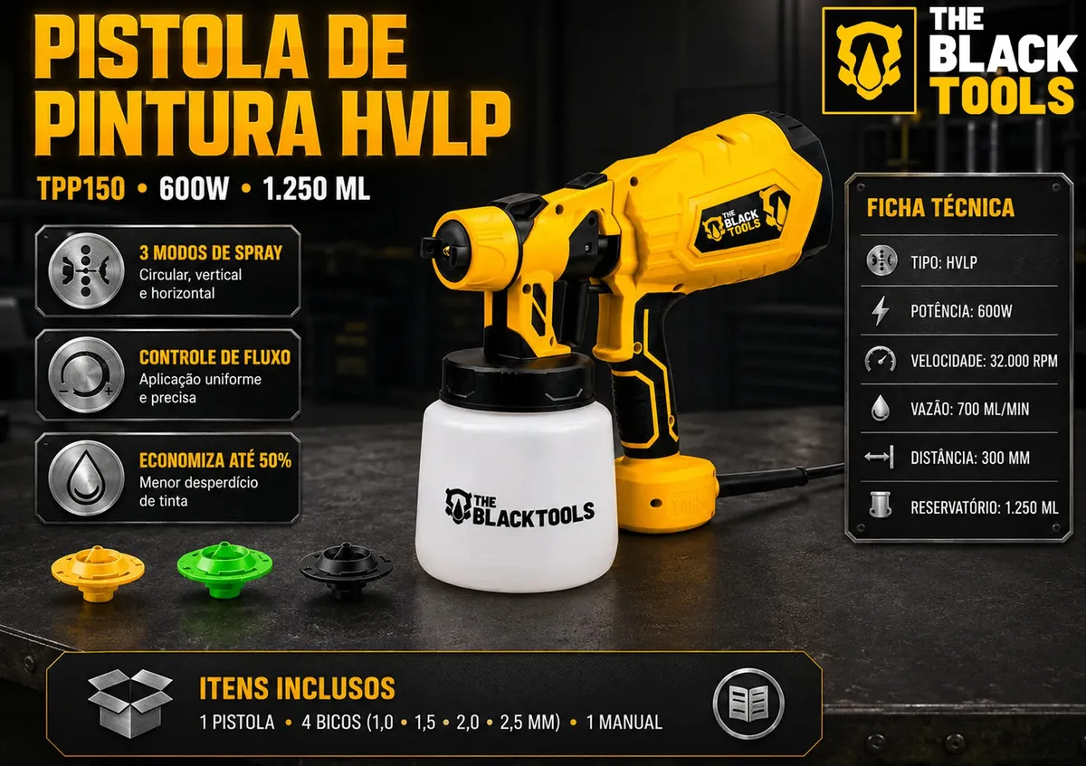 Pistola De Pintura E Pulverizadora Elétrica Portátil Hvlp 1.250l C/5 Bicos E Acessórios 600w Tpp150 The Black Tools