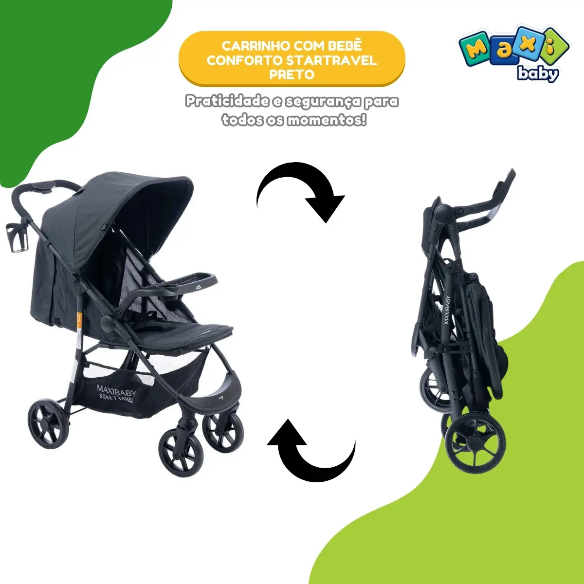 Carrinho De Bebê C/ Bebê Conforto Startravel Preto Maxi Baby