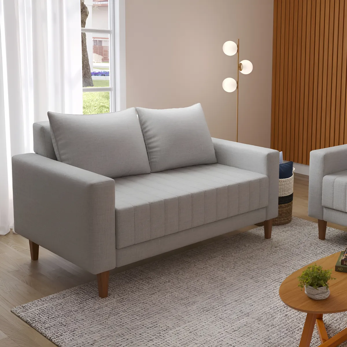 Sofá Namoradeira 2 Lugares Tecido Linho Requinte Cor Cinza Claro Com Pés Madeira Para Sala Estar - Minha Loja De Móveis