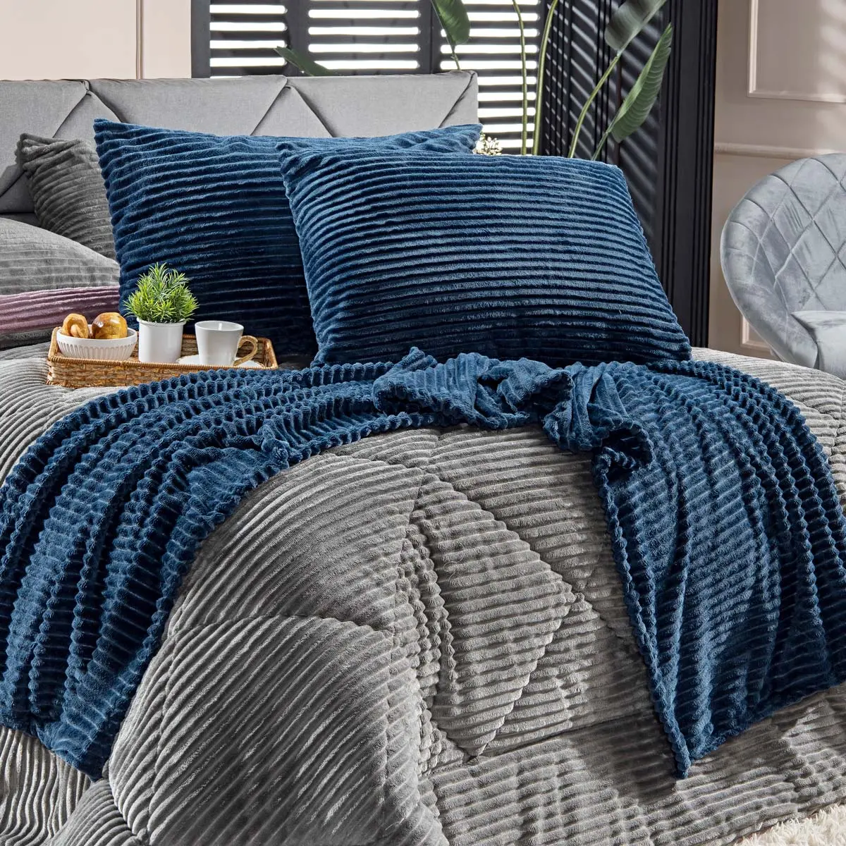 Kit Peseira Manta Canelada Denver Para Cama C/ Fronhas 3 Pçs