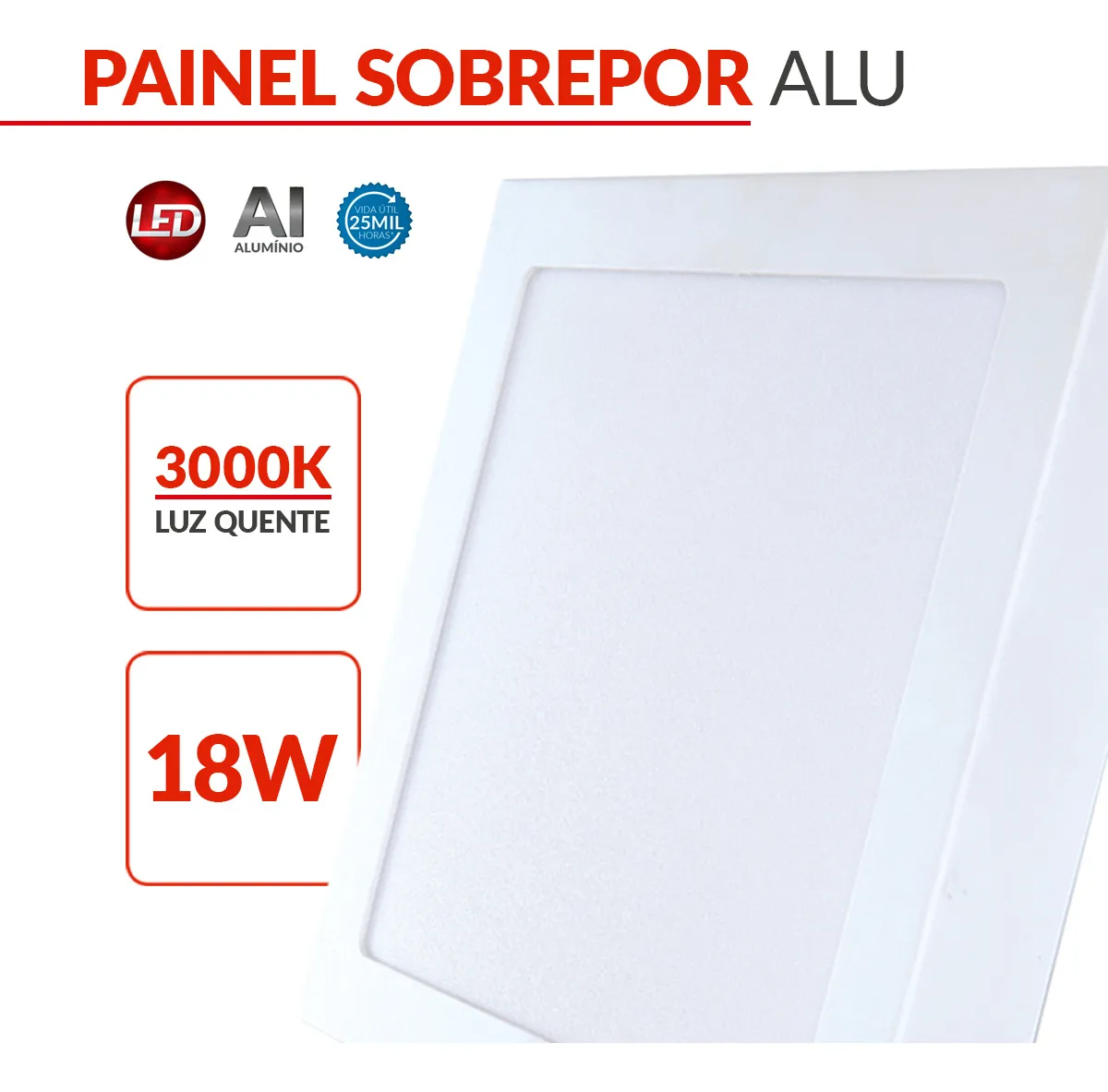 Painel Led Alu 18w 3000k Sob. Quadrado 110v/220v 22cm Avant Estrutura Branco - Imagem 4