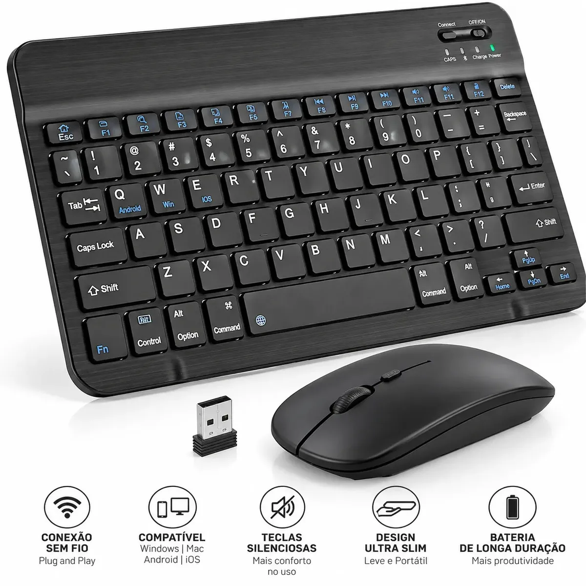 Kit Teclado Mouse Sem Fio Bluetooth Para Tablet Notebook Celular PC Computador Smartphone Portátil Home Office Trabalho Estudo Escritório Digitação Wireless