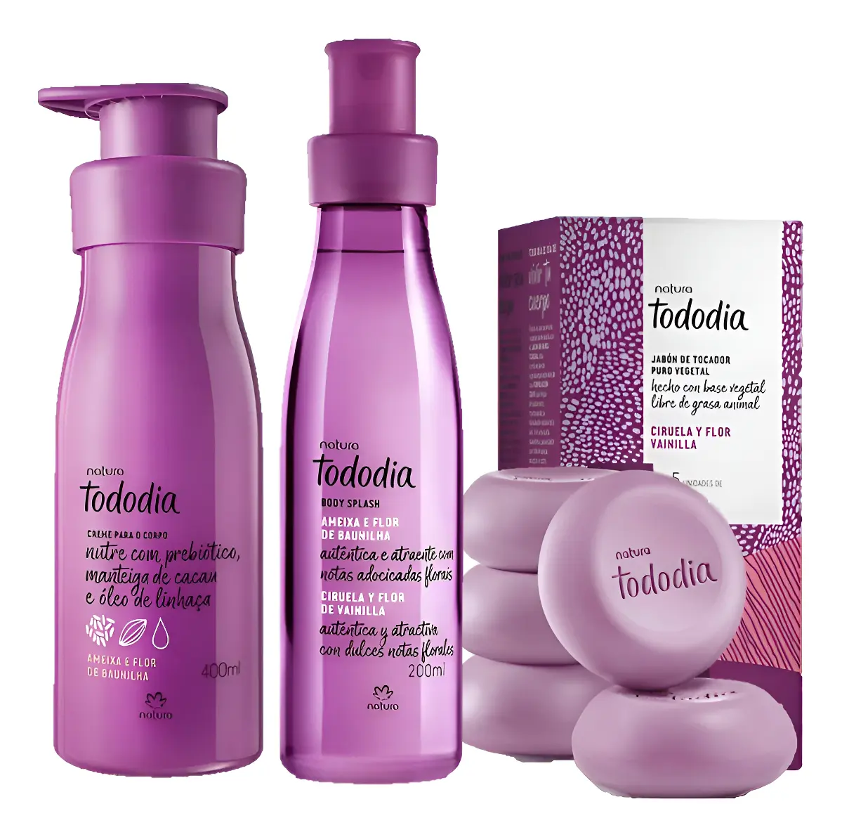 KIT CIRUELA Y FLOR DE VAINILLA: CREMA 400 ML+5 JABONES EN BARRA+ BODYSPLASH 200 ML