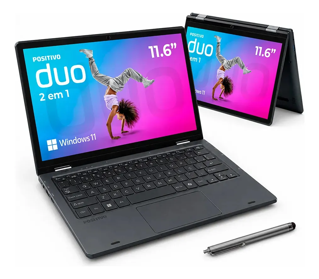 Notebook 2 em 1 Positivo Duo C8128E Intel Celeron N4500 Windows 11 Home 8GB RAM 128GB eMMC 11” LED HD IPS – Cinza
