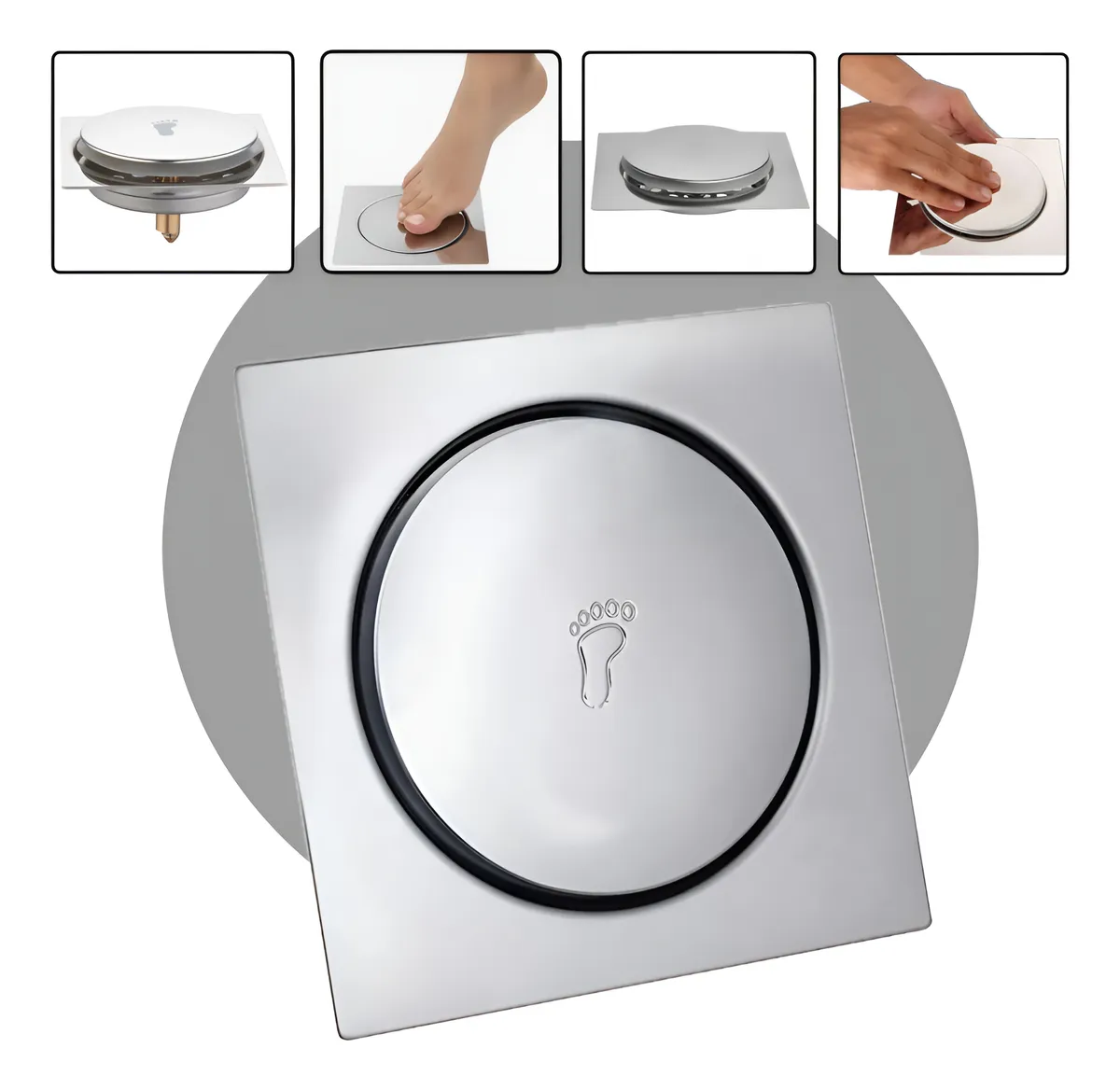 Ralo Click Oculto Embutido Pop-up 10x10cm em Aço Inoxidável com Vedação em Silicone