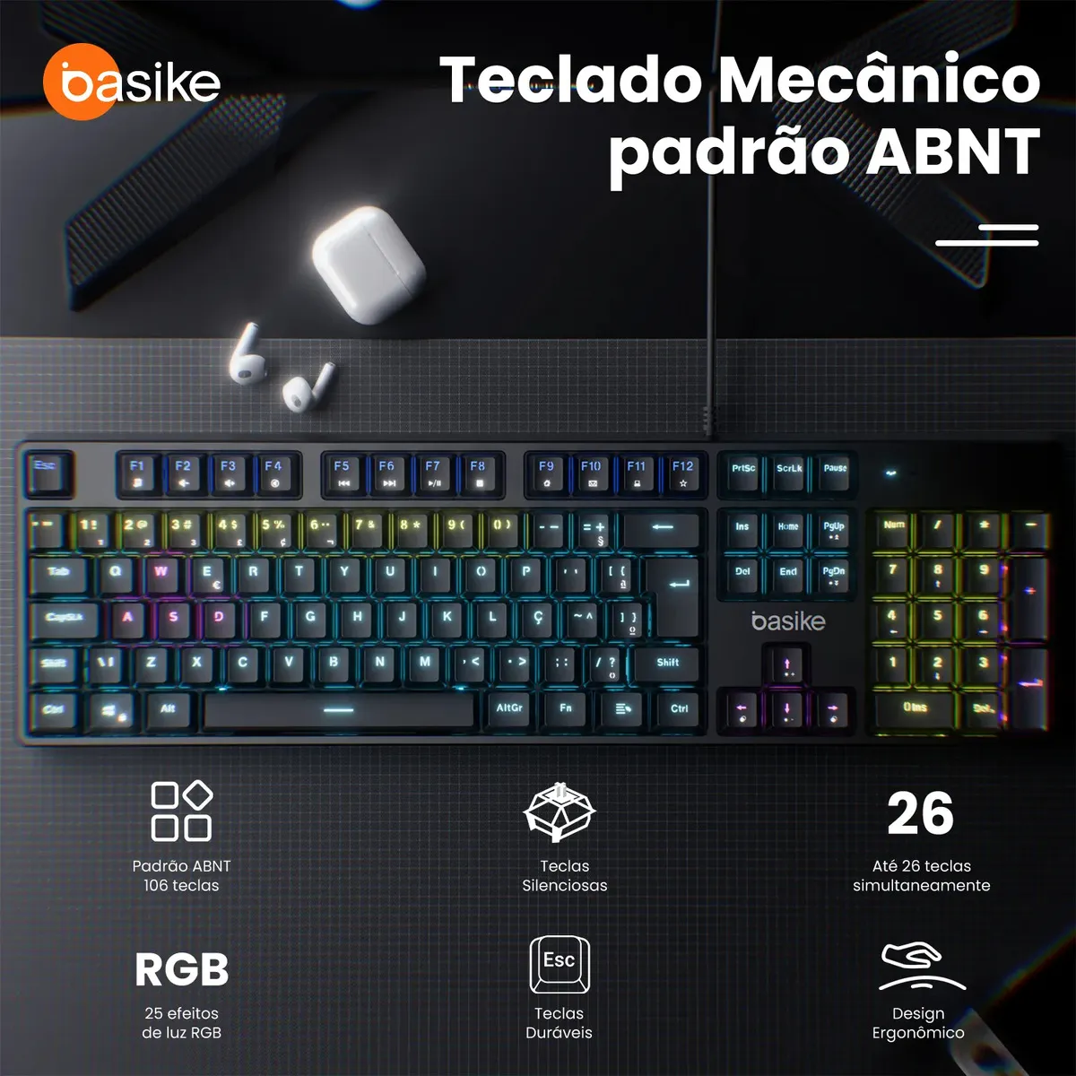 Teclado Mecânico Gamer RGB ABNT2 106 Teclas Switch Red Silencioso Anti Ghosting Full Size Com Fio USB Para PC Notebook Português Brasil — imagem 3