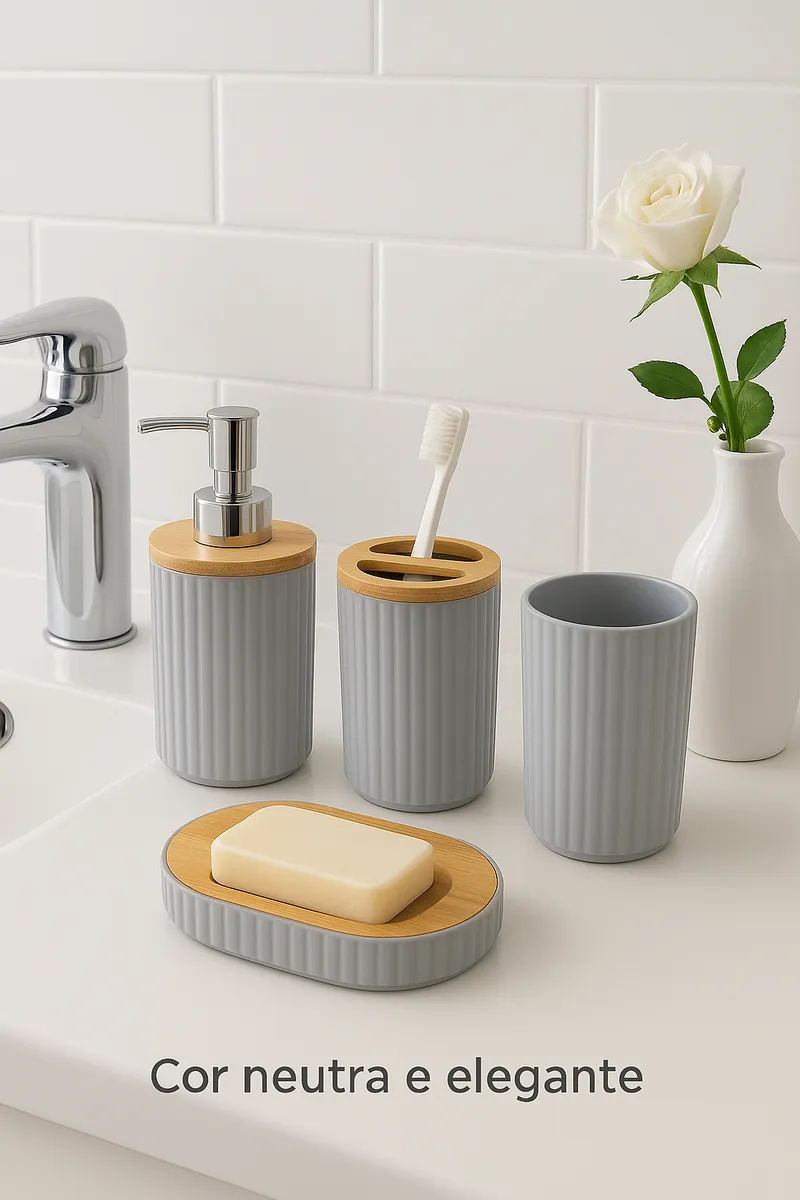 Banheiro Lavabo Kit 4 Peças Organizador Bambu Decorativo - Imagem 3