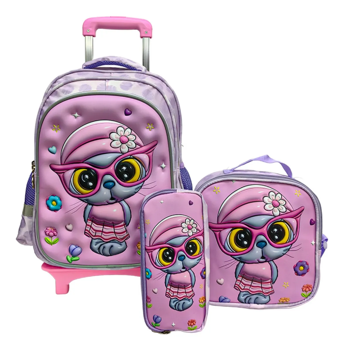 Set 3 Mochila Con Rueda Escolar+lonchera Bolso+cartuchera3d