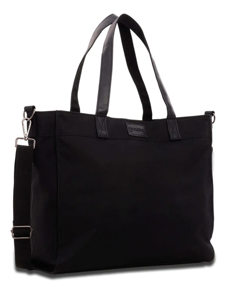 Vista lateral da bolsa Tote Gocase preta mostrando o design minimalista e os ganchos da alça lateral