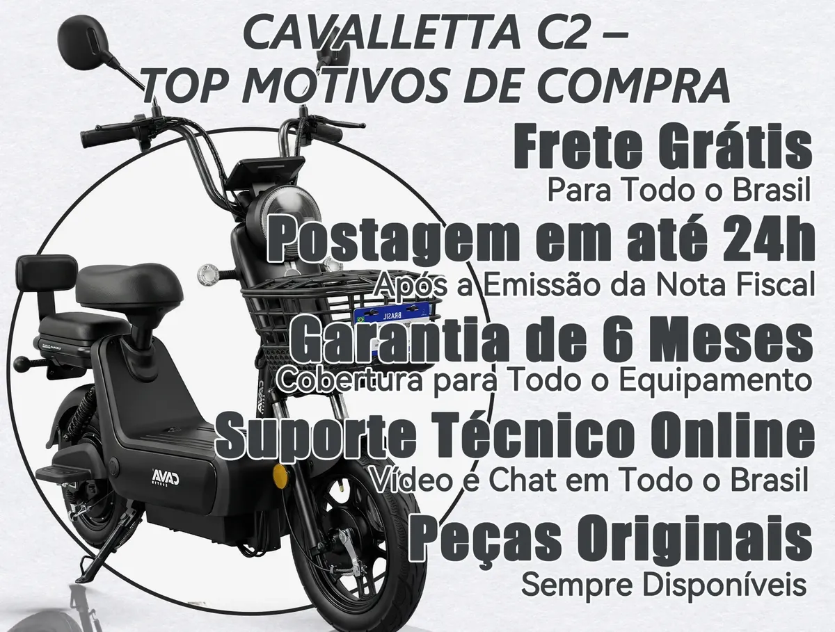 Infográfico da scooter elétrica Cavalletta C2 preta com 'TOP MOTIVOS DE COMPRA', listando Frete Grátis, Postagem em 24h, Garantia de 6 Meses, Suporte Técnico Online e Peças Originais.