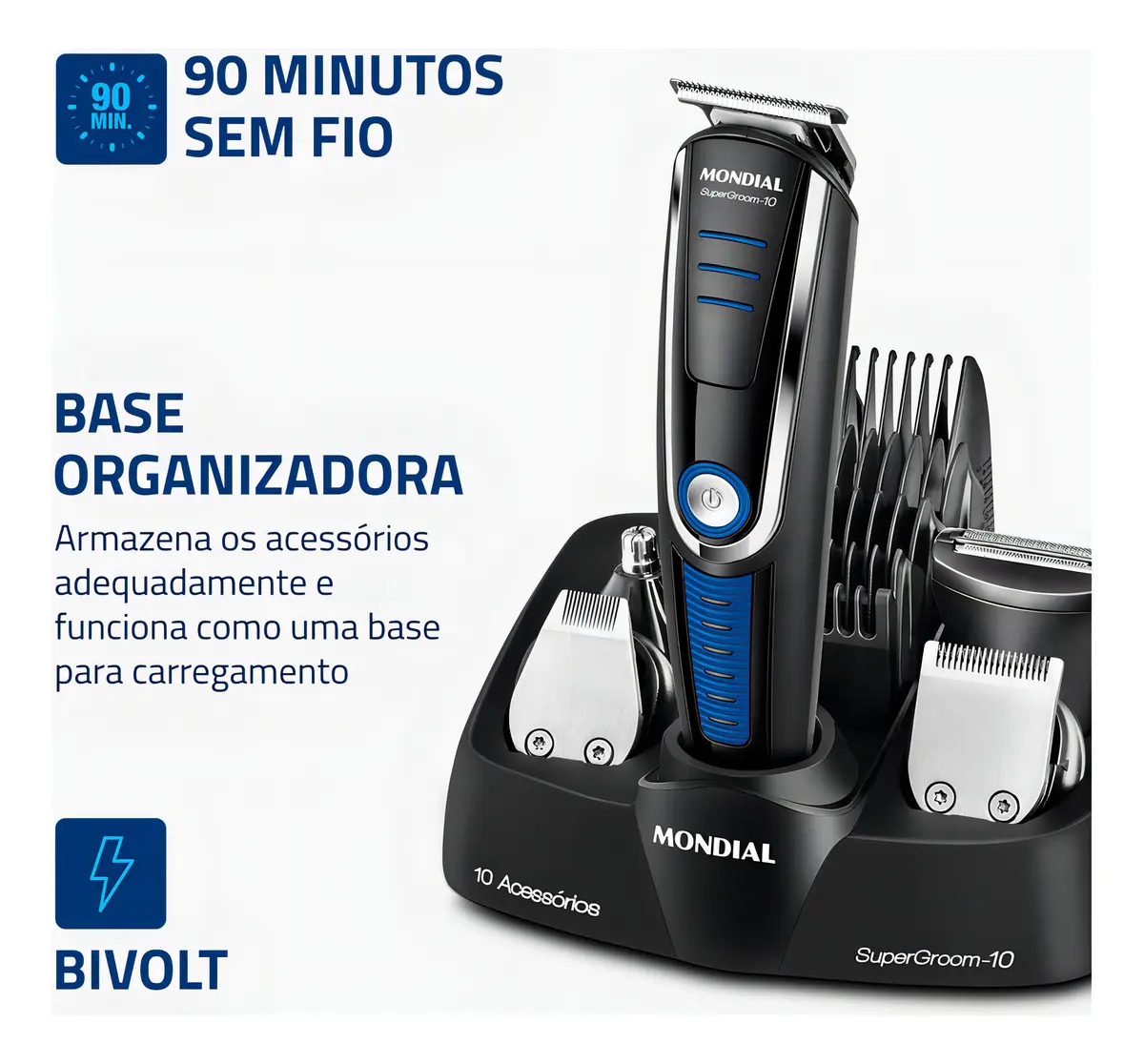 Imagem do aparador na base de carregamento com informações sobre os 90 minutos de autonomia e voltagem bivolt