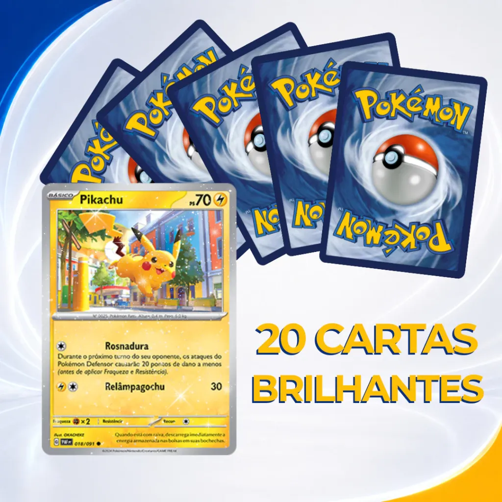 Uma carta Pokémon básica do Pikachu em primeiro plano, com o verso azul tradicional de várias cartas Pokémon empilhadas ao fundo e o texto '20 CARTAS BRILHANTES'.