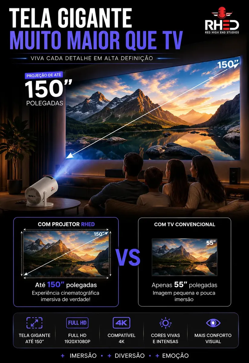 Mini Projetor Smart Rhead RHY300 Full HD com Wi-Fi e Bluetooth para Home Theater