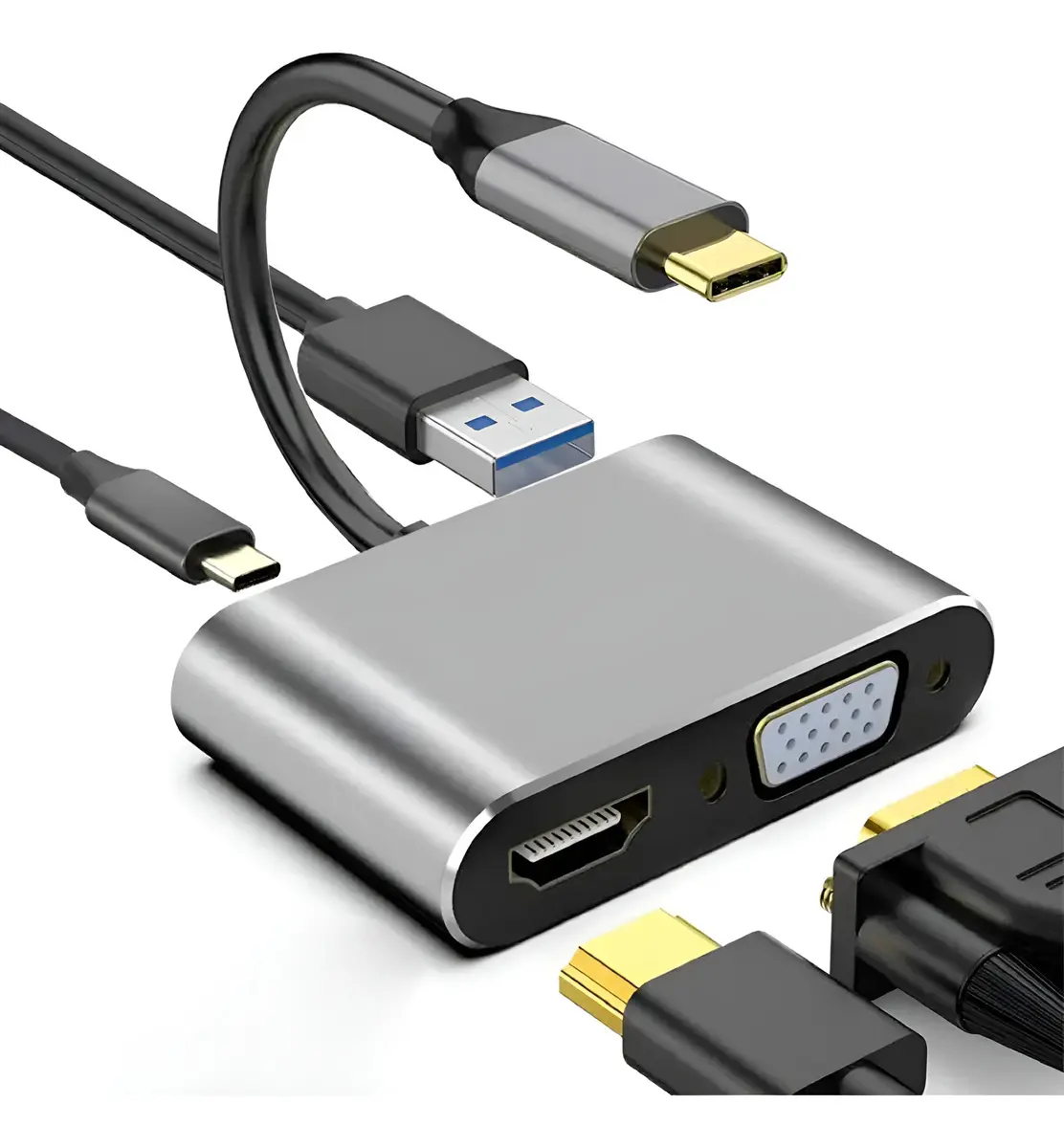 Adaptador Usb Tipo C A HDMI, VGA, USB 3.0, USB Type C - De Notebook A Monitor Color Plateado