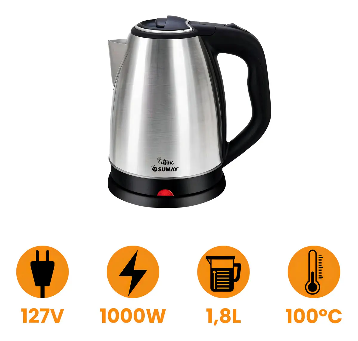 Ícones técnicos da chaleira Sumay destacando voltagem 127V, 1000W de potência, 1,8L de capacidade e 100 graus Celsius