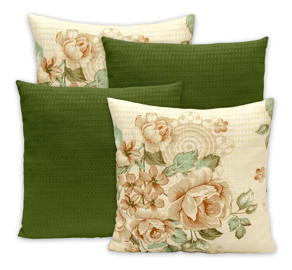 Kit 4 Capas De Almofadas Lisas Estampadas 40x40 Zíper Piquet Cor Elegance - Verde Musgo Liso / Estampado