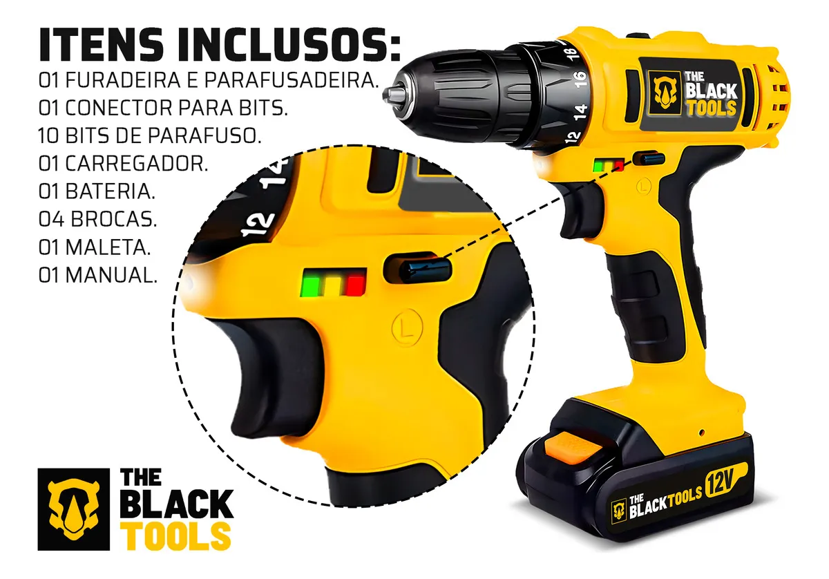 Jogo De Ferramentas 169 Peças Com Maleta E Furadeira Parafusadeira Sem Fio A Bateria Tb-12e 12v 3/8 10mm The Black Tools - Vista 4