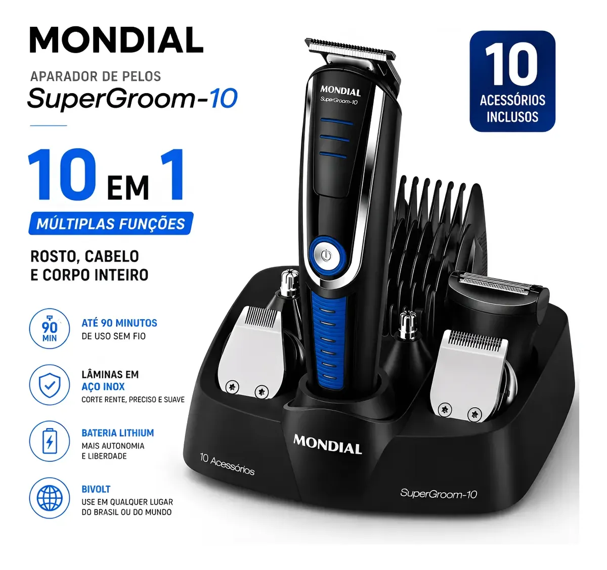 Aparador de Pelos Mondial Super Groom 10 BG-03 6W Bivolt Completo — Vista Principal