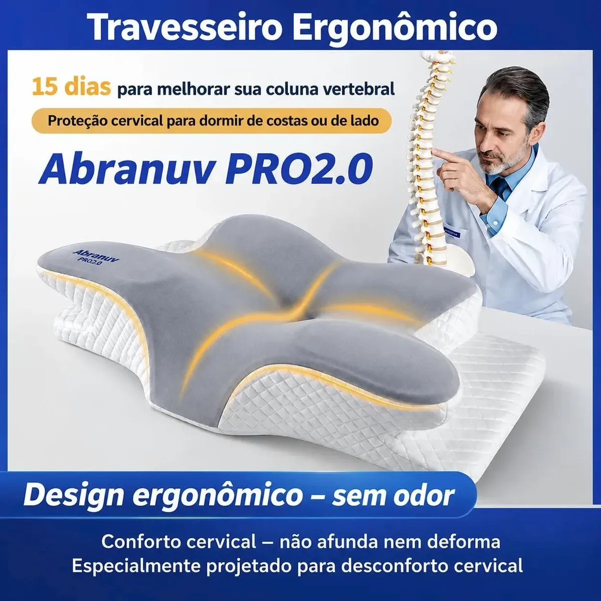 Travesseiro Cervical Abranuv Ergonômico Espuma Visco Dormir