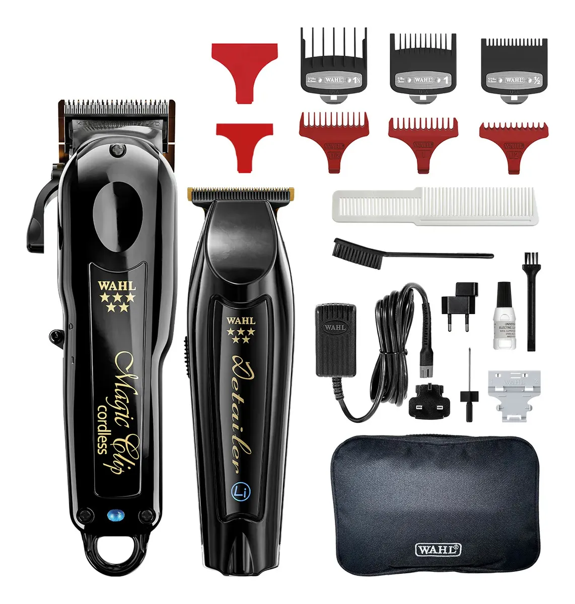 Wahl Magic Clip Black 6500m RPM e Detailer Black 7200 RPM Barber Combo Sem Fio Bivolt