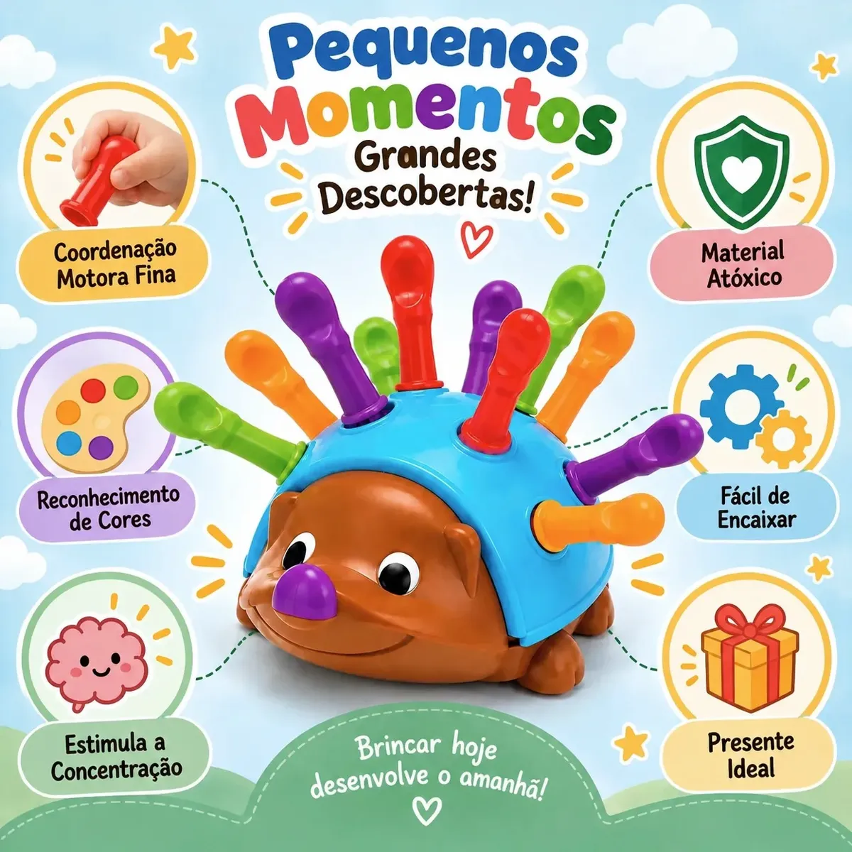 Brinquedo Educativo Ouriço Encaixe Espinhos Bebê Coordenação