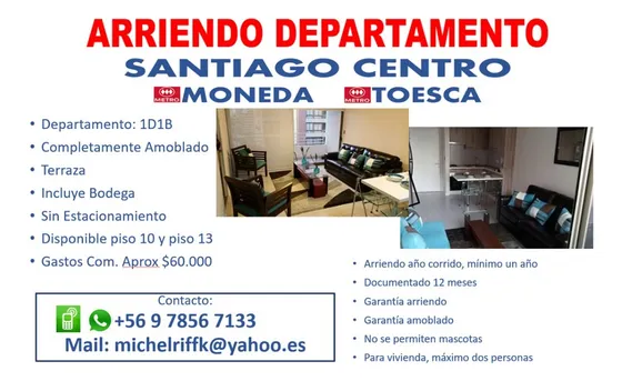Arriendo Departamento 1d1b - Metro Moneda - Metro Toesca