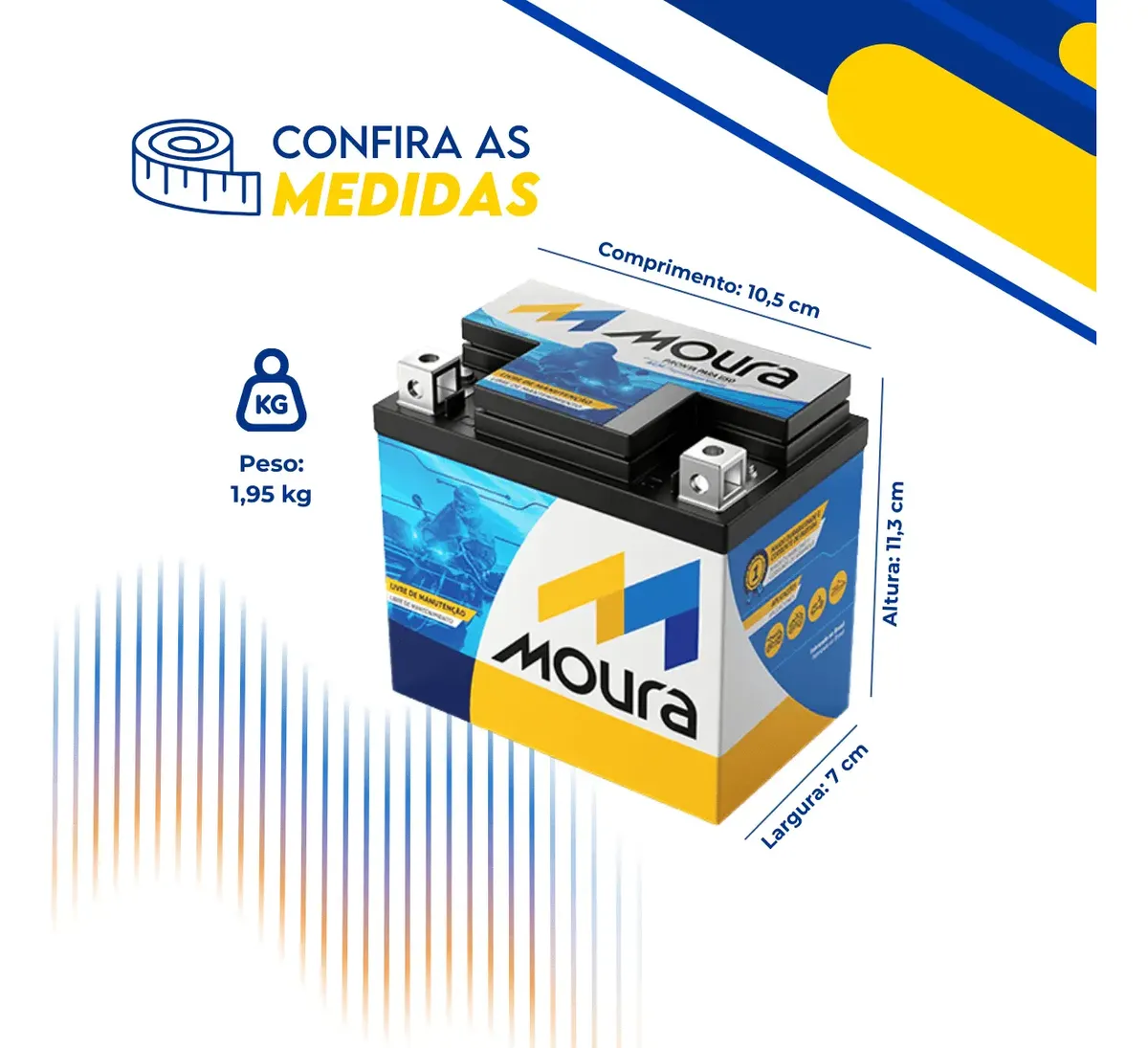 Bateria Moura exibindo as medidas de comprimento, largura e altura com indicação de peso
