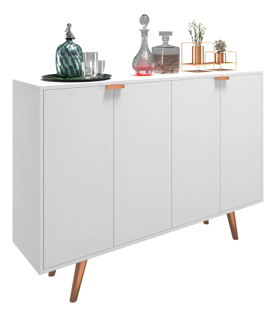 Buffet Aparador 4 Portas Estilo Industrial Branco Com Acabamento Cobreado Ideal Para Cantinho Do Café Retrô - Imagem 4