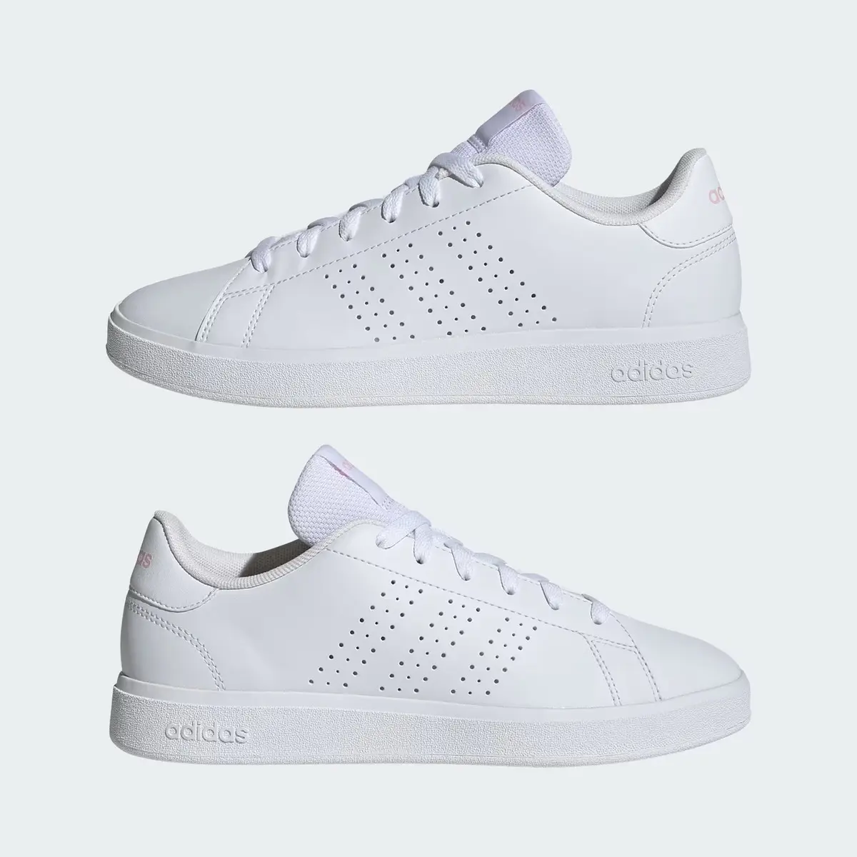 Duas unidades do tênis casual feminino Adidas Advantage Base 2.0 branco, dispostas uma acima da outra, ambas vistas de perfil lateral esquerdo.
