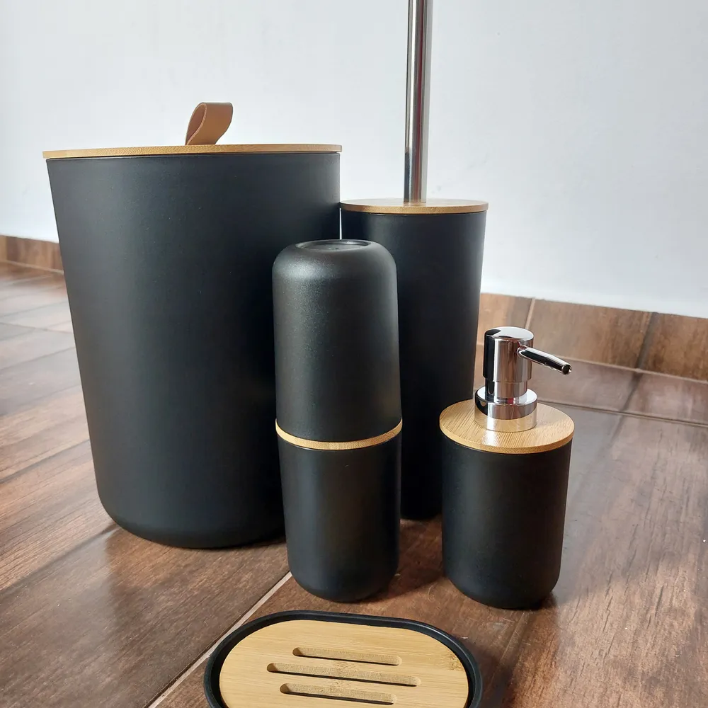 Kit Banheiro Moderno Bambu Com 6 Peças Lixeira Tampa Fechada Cor Branco - Imagem 4