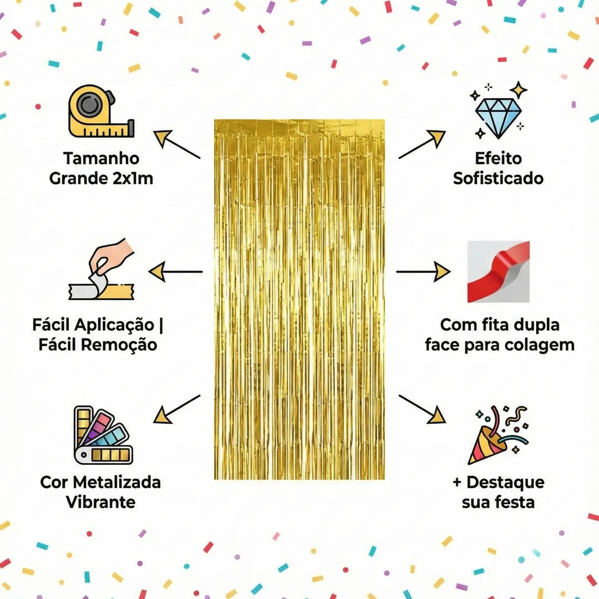 Kit 4 Cortina Metalizada Prata Para Decoração Festa Evento Confraternização Com Fita Dupla Face Fácil Colagem - Imagem 3