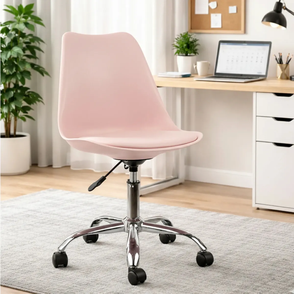 Silla Escritorio Oficina Tulip Eames Eco Cuero Giratoria Ruedas Color Rosa