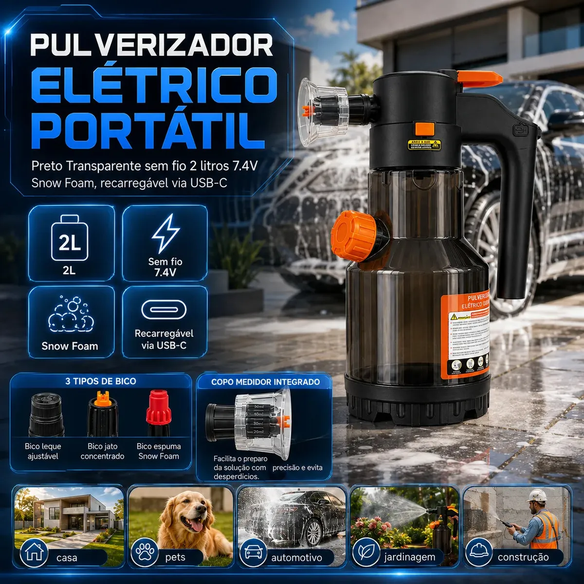 Pulverizador Elétrico Snow Foam para Carro, Moto e Jardim – 2 L