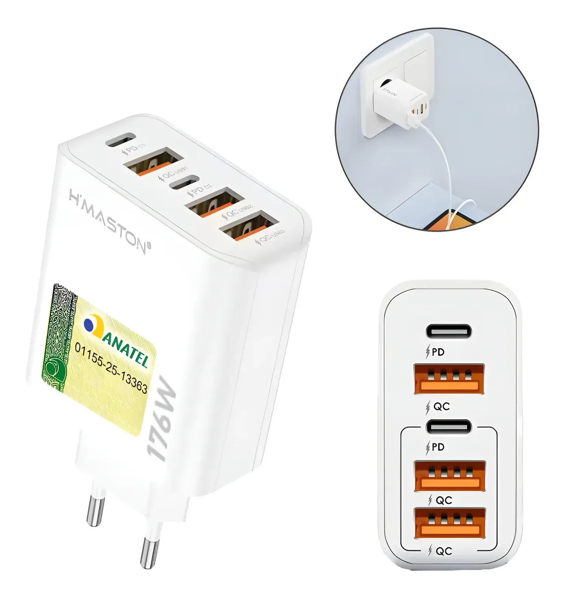 Fonte Carregador Turbo 176w Rápida 5 Saídas Usb E Tipo-c