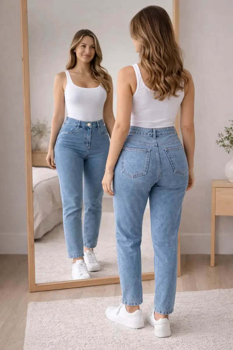 Mulher observando seu reflexo no espelho, mostrando a calça jeans mom Stillger clara e camiseta branca de frente e costas.
