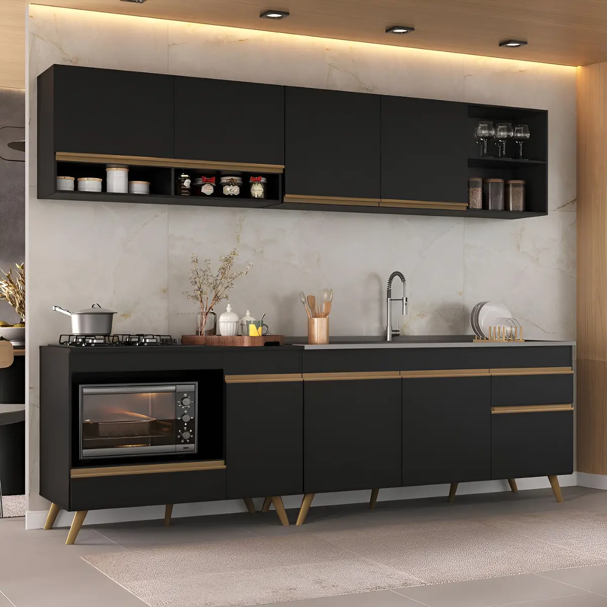 Armário de Cozinha Modulada Compacta 4 Pçs com Balcão para Cooktop Veneza Multimóveis MP2261 Cor Preto/Dourado