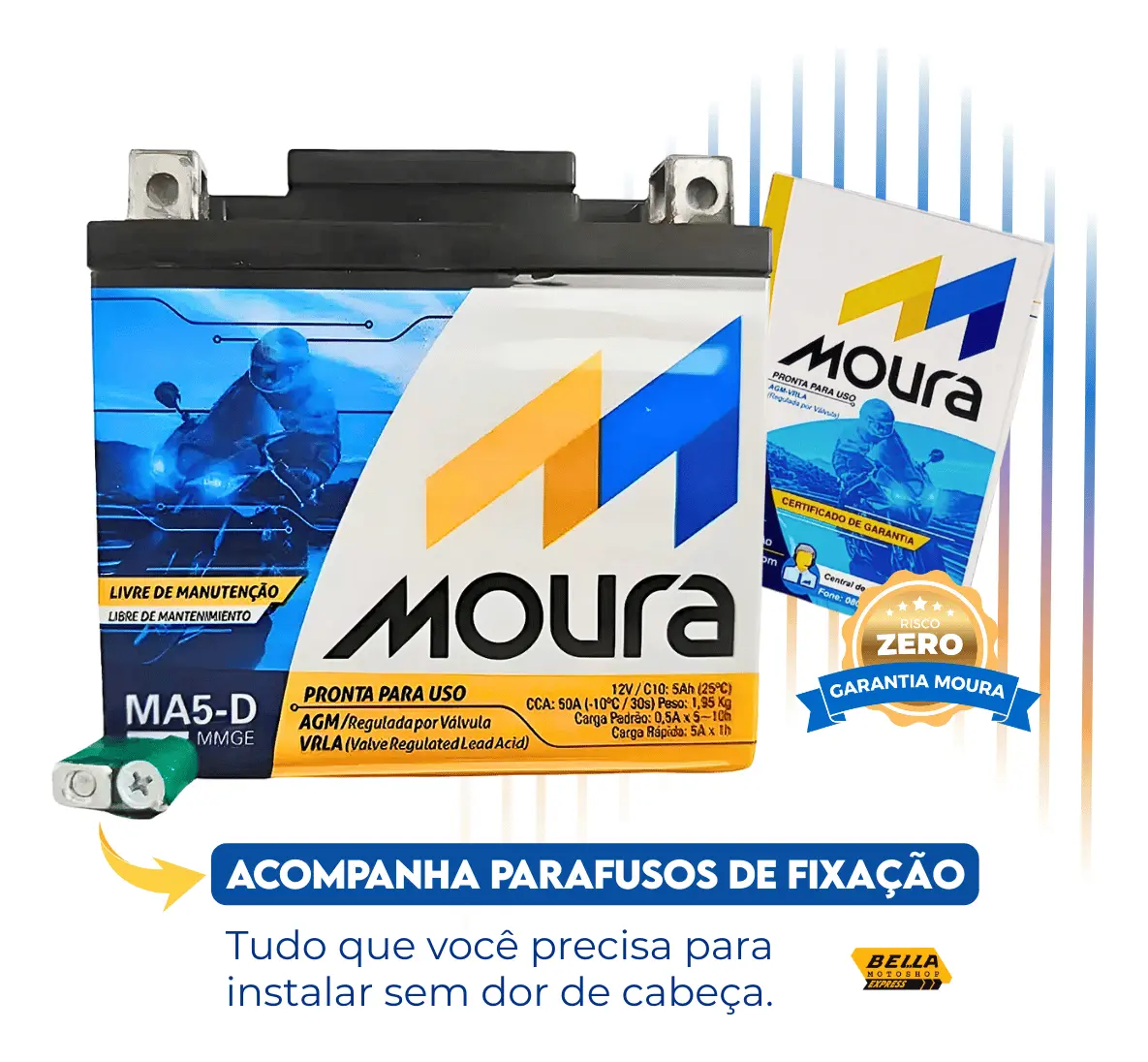 Bateria Moura MA5-D ao lado do certificado de garantia e parafusos de fixação