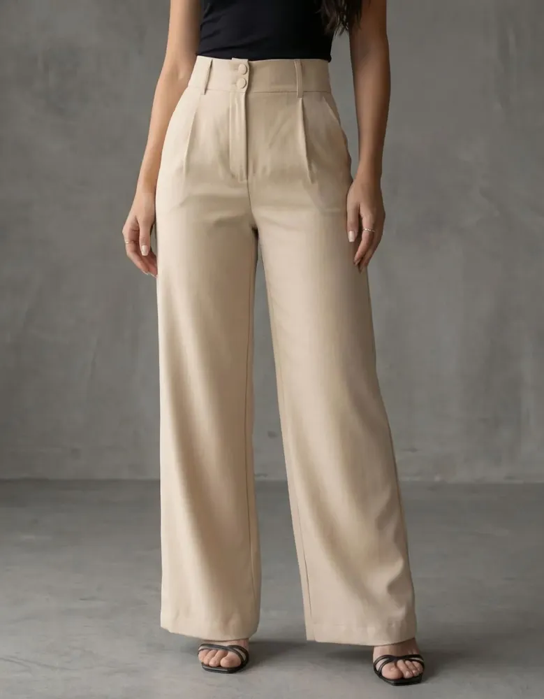 Calça wide leg de alfaiataria bege com pregas