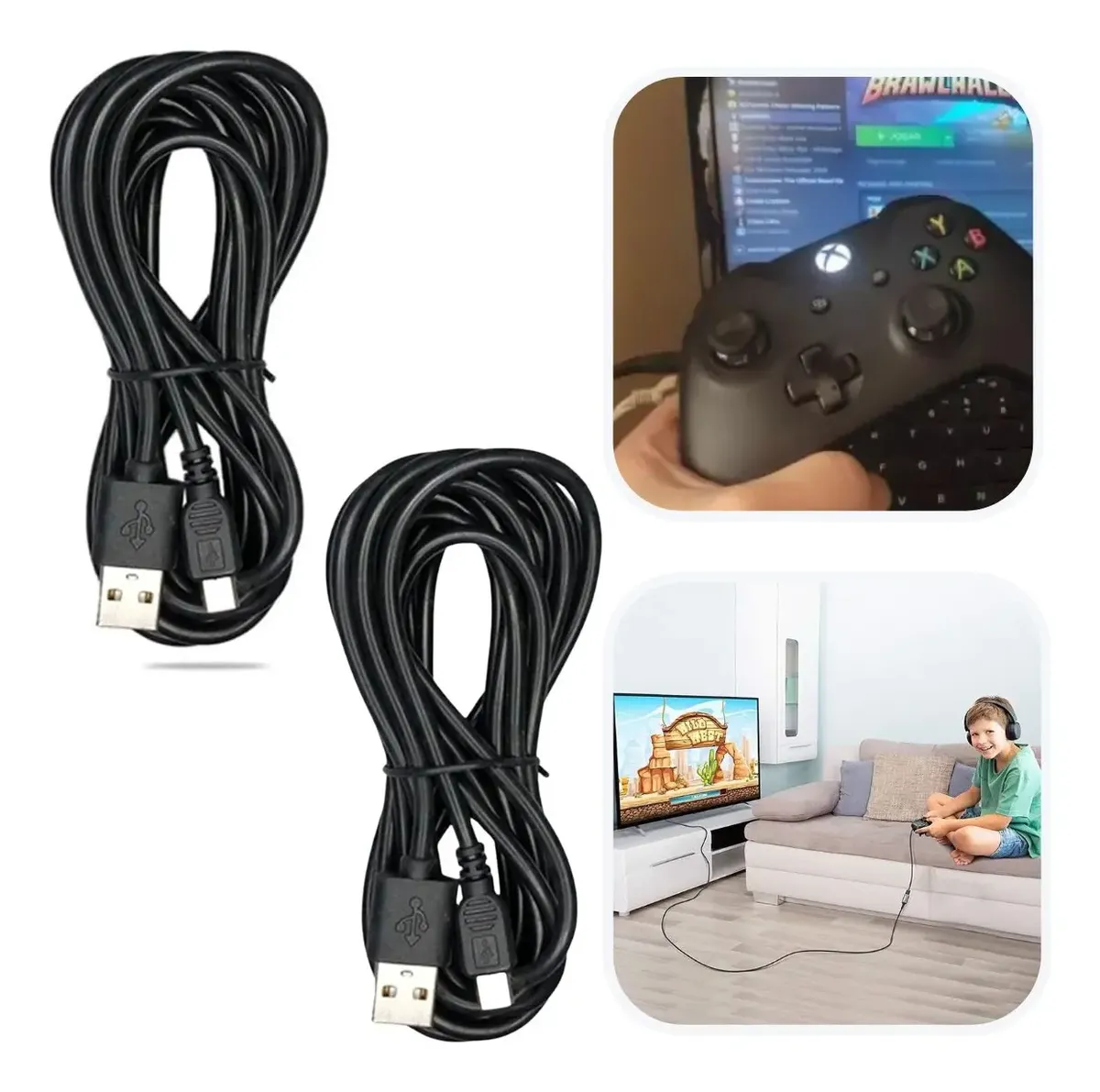 Combo 2 Cabo Usb Controle Para Xbox One 3m Jogar Pc Notebook