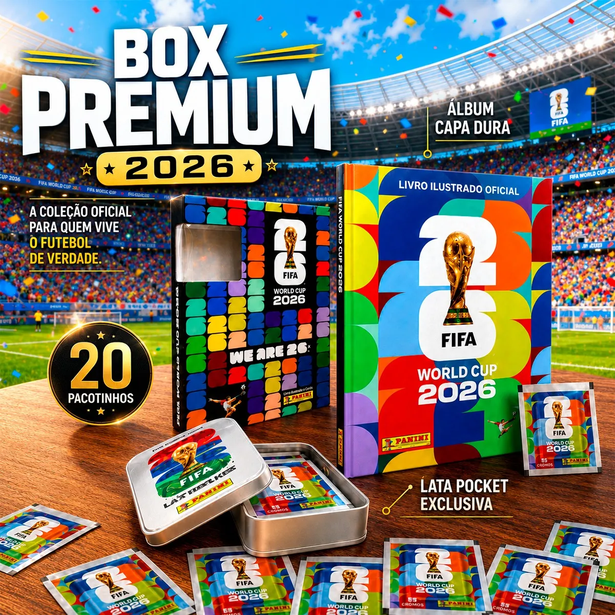 Kit Álbum Capa Dura + Lata Oficial Copa do Mundo FIFA 2026 com 140 Figurinhas (20 Pacotinhos)
