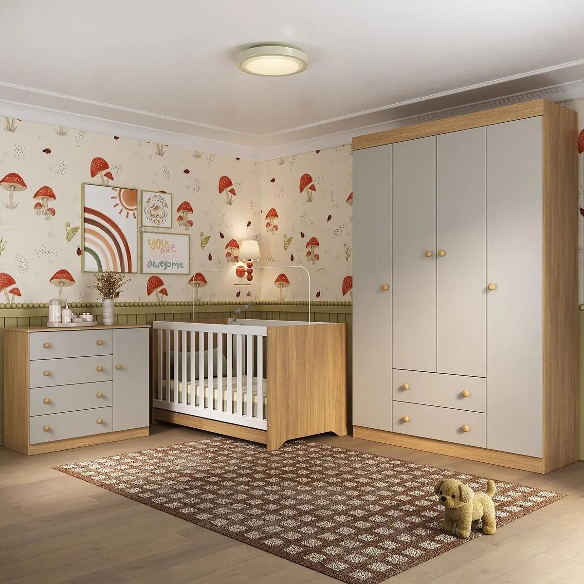 Quarto de Bebê Completo Berço Americano 3 em 1 Encanto Multimóveis MP4581 Madeirado/Off White