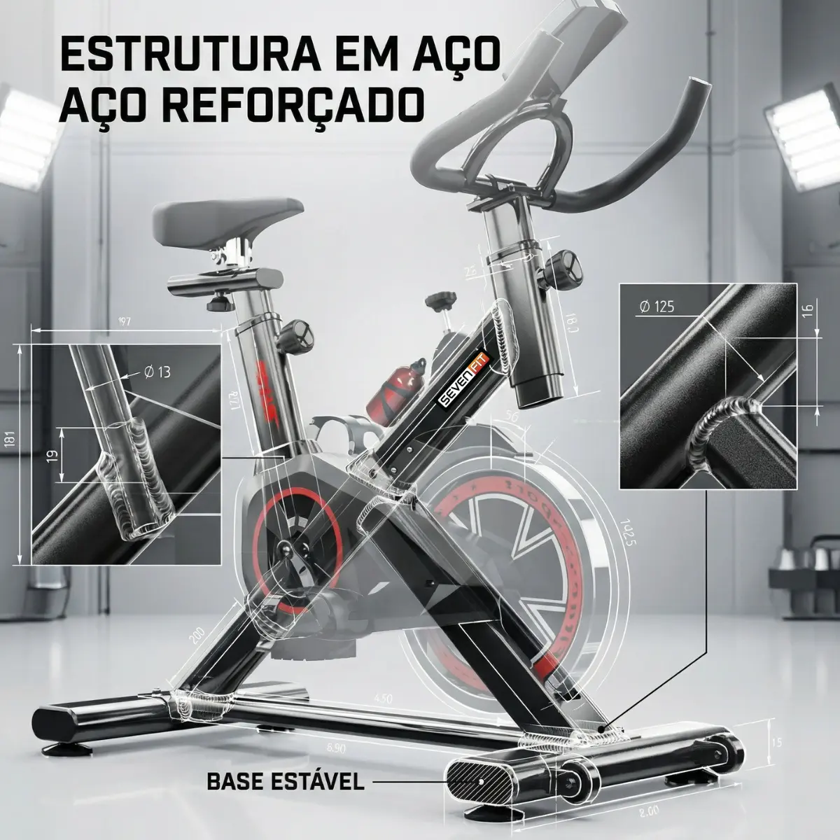 Diagrama técnico da estrutura em aço reforçado da bicicleta ergométrica Sevenfit mostrando a base estável