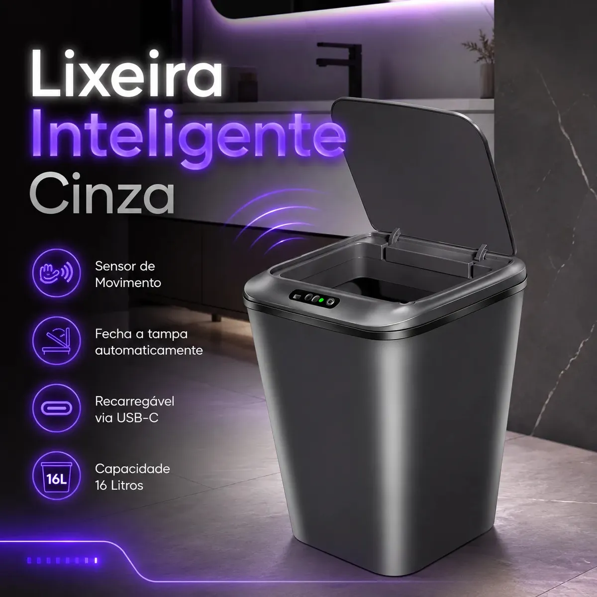 Lixeira Inteligente Sensor Automático 16l Cinza Smart Recarregável Para Banheiro E Cozinha