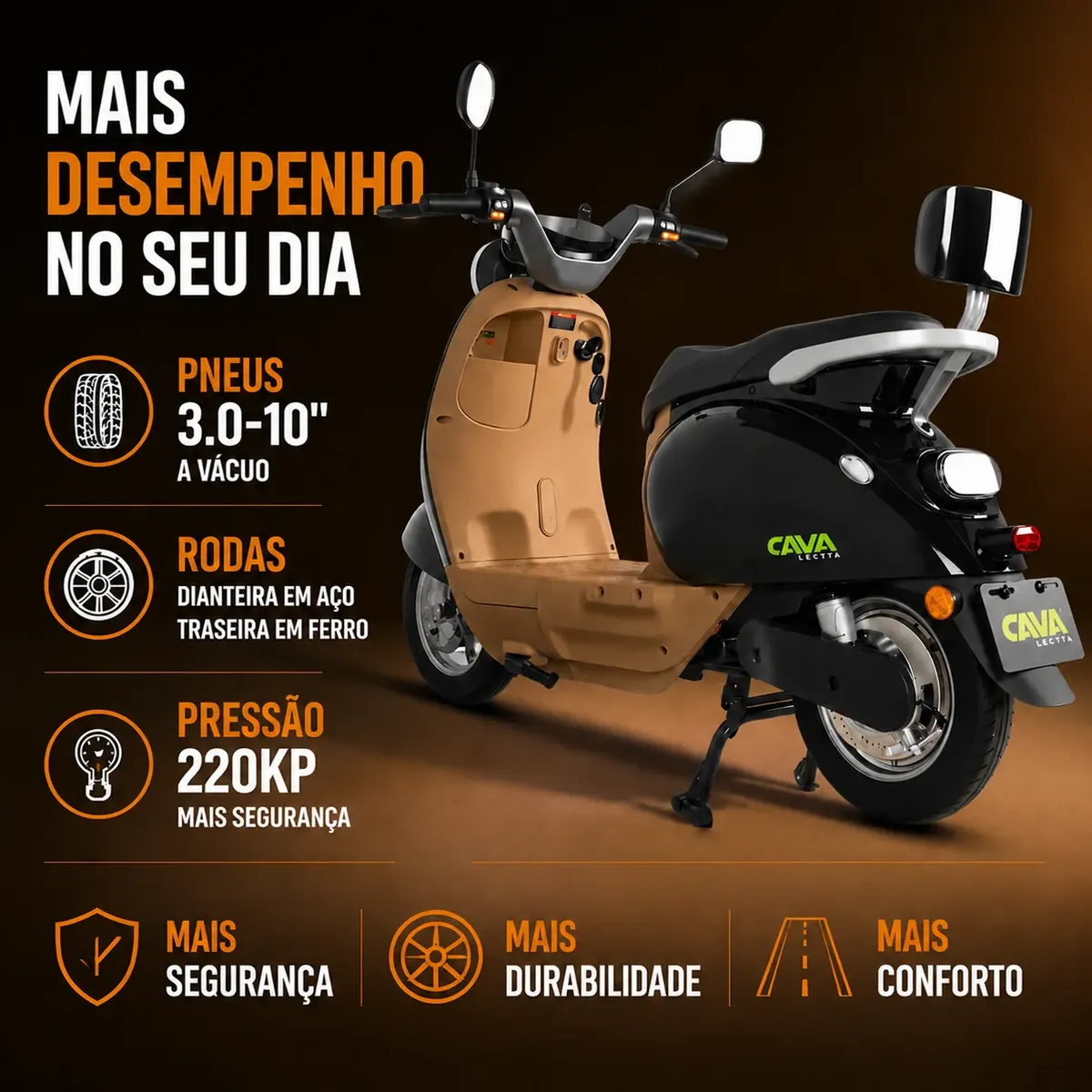 Vista lateral da scooter Cavalletta C12 com especificações de pneus 3.0-10 e rodas de aço e ferro