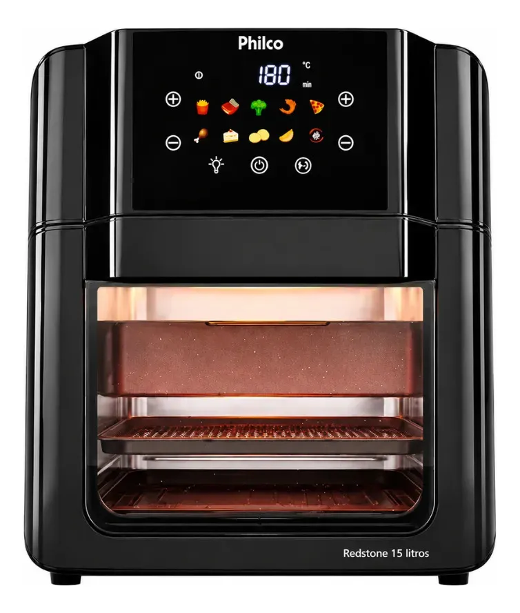 Philco PAF15C Fritadeira Air Fryer Oven 15 Litros Revestimento Redstone Porta Removível Luz Interna 10 Funções Preta
