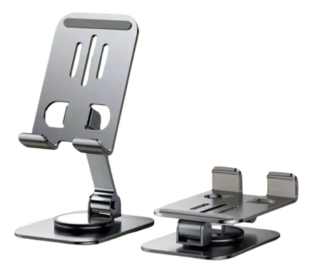 Um smartphone em um suporte de mesa, conectado a um cabo de carregamento em uma mesa de escritório.