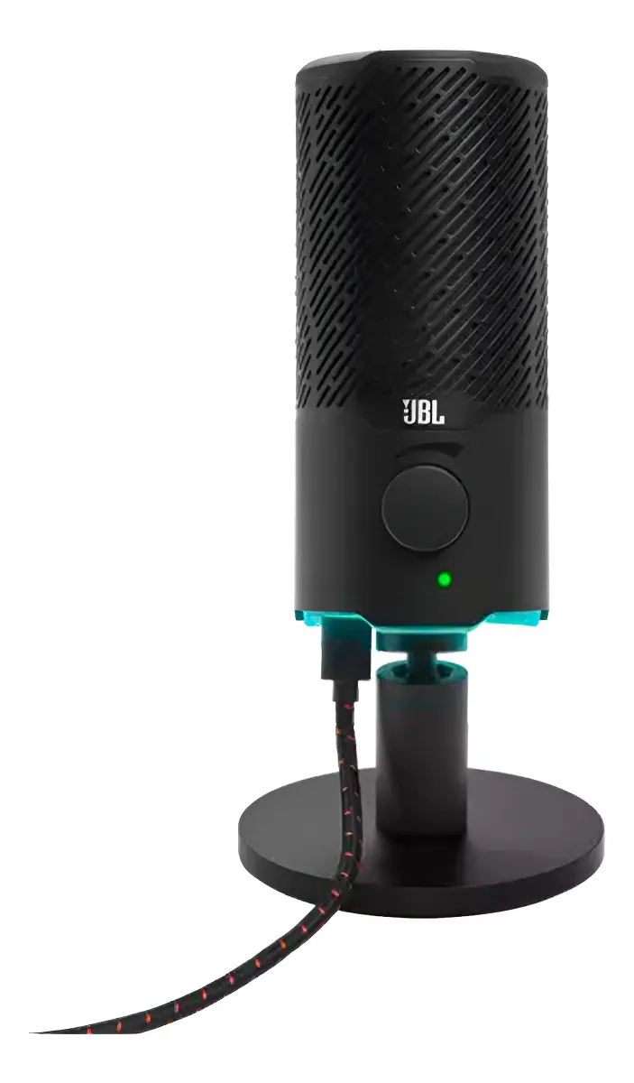 Vista frontal do microfone JBL Quantum Stream com base redonda, mostrando o botão de controle, o LED verde e a iluminação RGB azul.