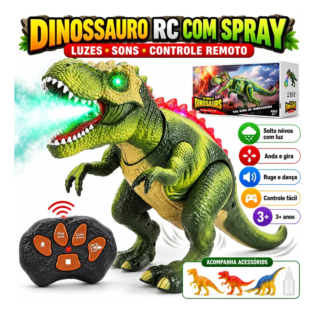 MoveBrinca Dinossauro RC Atualizado Com Spray De Névoa, Luzes LED Que Mudam De Cor, Boca Abre, Rosna Alto, Anda Rápido O