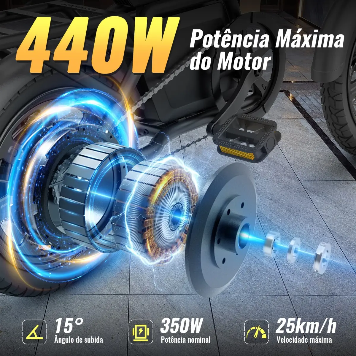 Diagrama técnico do motor elétrico da bicicleta com indicação de 440W e especificações de desempenho