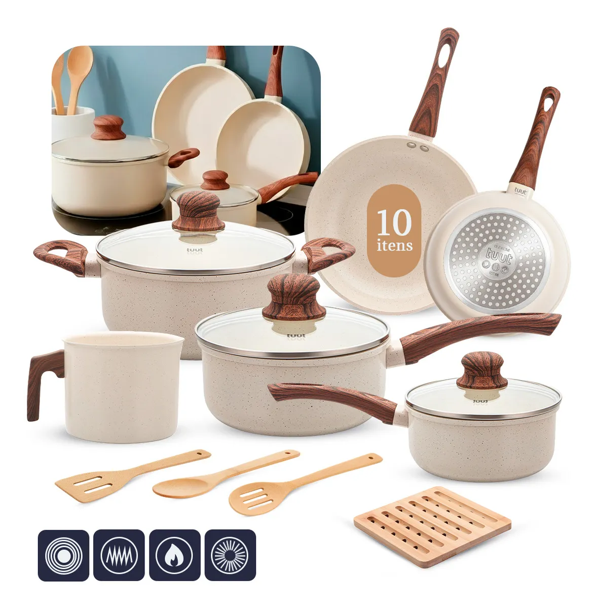 Jogo De Panelas Indução Antiaderente Cerâmica 10 Peças PPG Baunilha